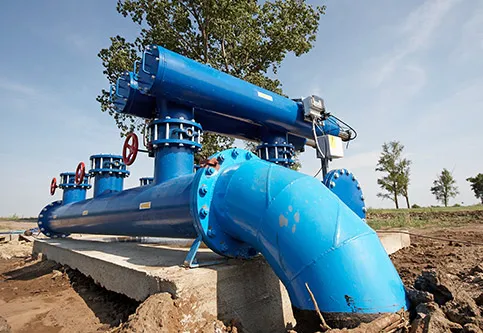 Blue bore pump pipework at a reticulation site